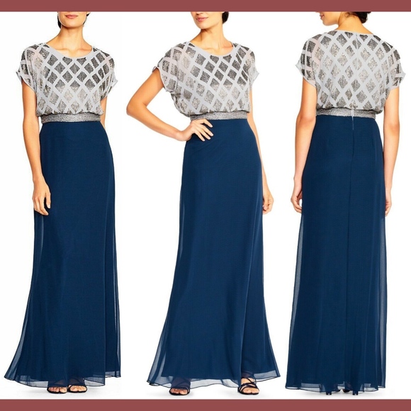 NEW Adrianna Papell Beaded Colorblock Blouson Gown Silver Navy‎ [SZ 6 ] - Picture 1 of 8